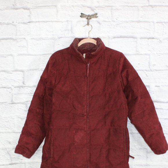 LL BEAN Red Quilted Goose Down Coat Jacket Parka Faux Fur Size L Reg - Picture 2 of 10